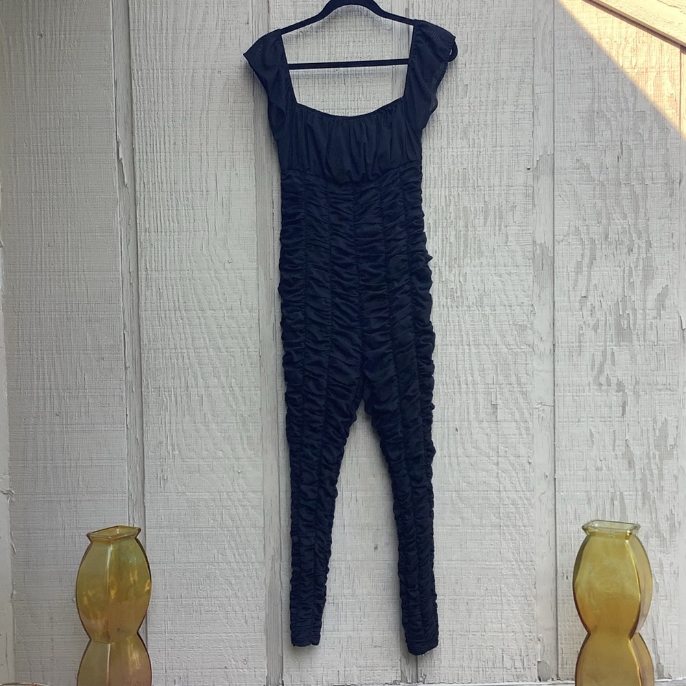 Black Short Sleeve Ruffle/Scrunch Jumpsuit